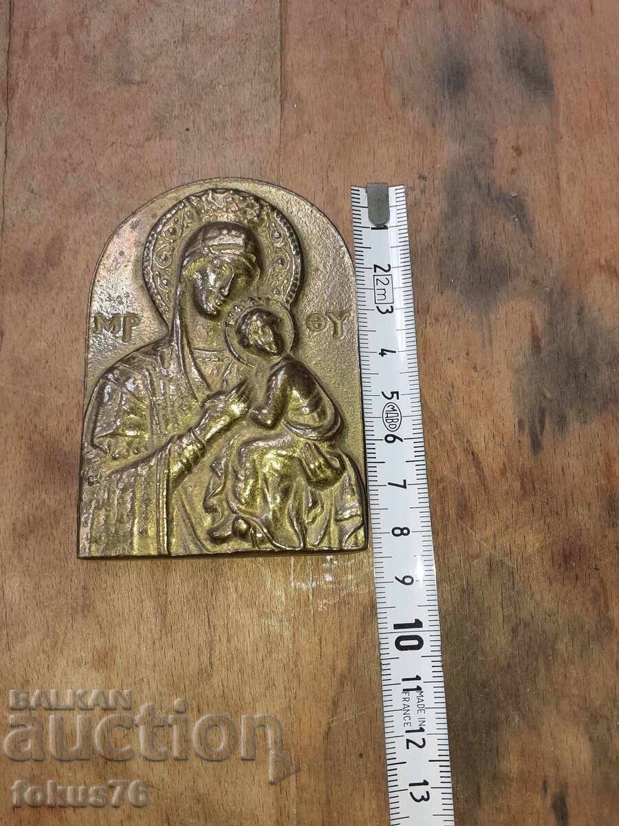 Стара икона бронз Богородица масивна и тежка - 6