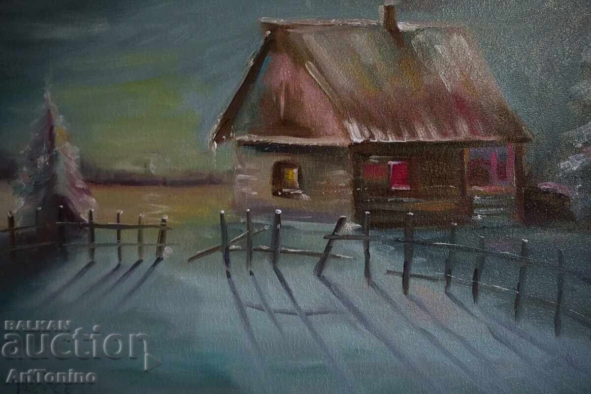 Картина, масло- Топлина в снега-Зимен пейзаж- Антон Йорданов с цена € 0.01 | 0.02 лв.