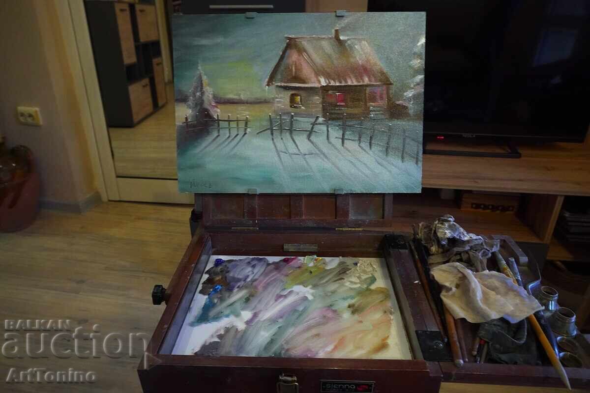 Аукцион Картина, масло- Топлина в снега-Зимен пейзаж- Антон Йорданов