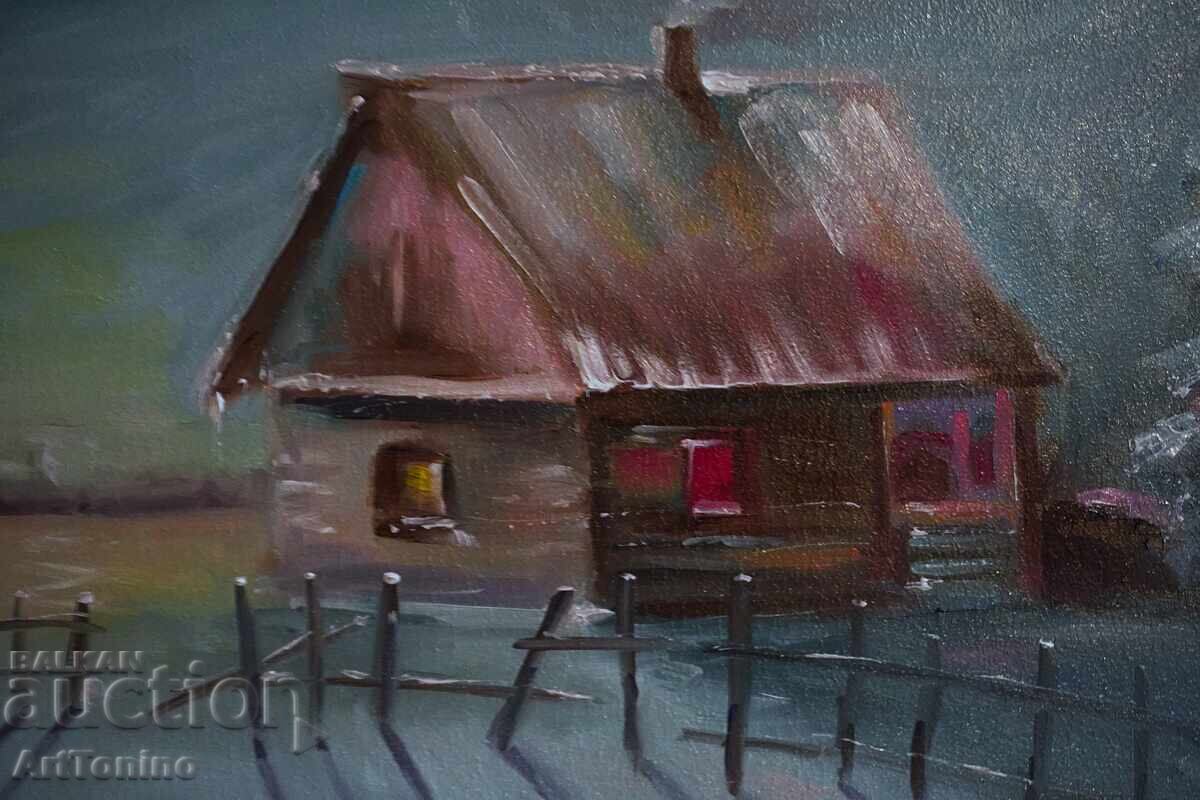 Картина, масло- Топлина в снега-Зимен пейзаж- Антон Йорданов - 5