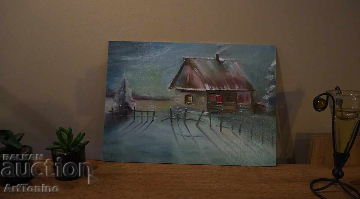 Картина, масло- Топлина в снега-Зимен пейзаж- Антон Йорданов - 6