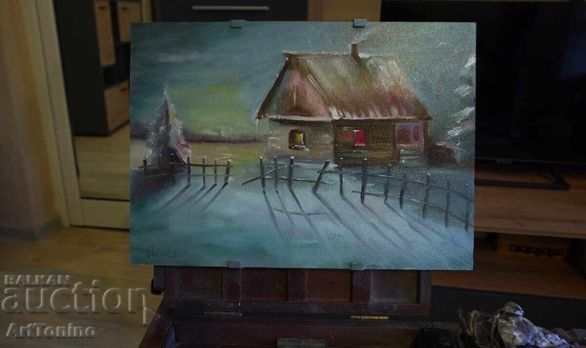 Картина, масло- Топлина в снега-Зимен пейзаж- Антон Йорданов