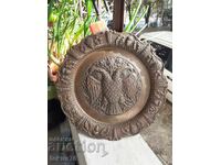 Farfurie decorativă de perete din cupru cu vultur bicefal, aramă, cupru
