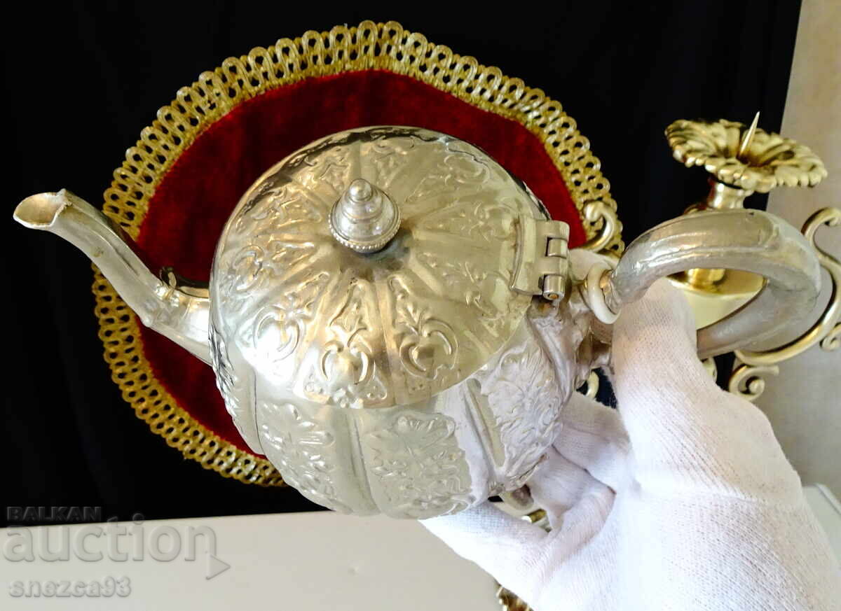 Ceainic din cupru argintat, carafă, ornamente forjate Sheffield, ștanțat - 6