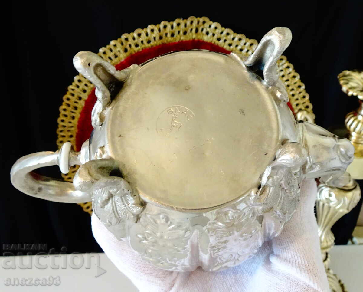 Ceainic din cupru argintat, carafă, ornamente forjate Sheffield, ștanțat - 7