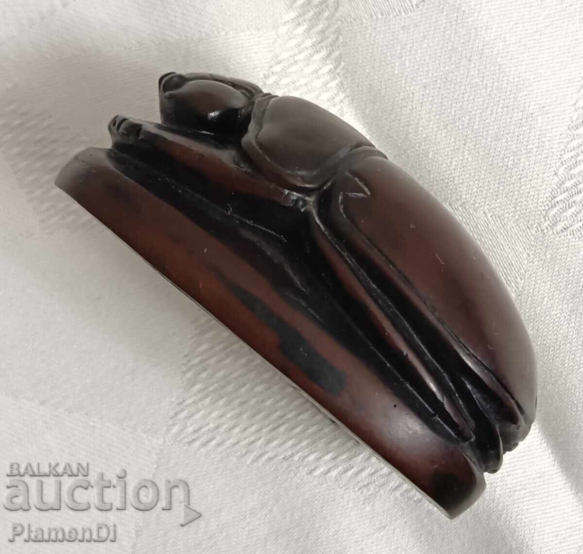 Vintage scarabeu egiptean din piatră de săpun (steatit) marmorată maro - 5