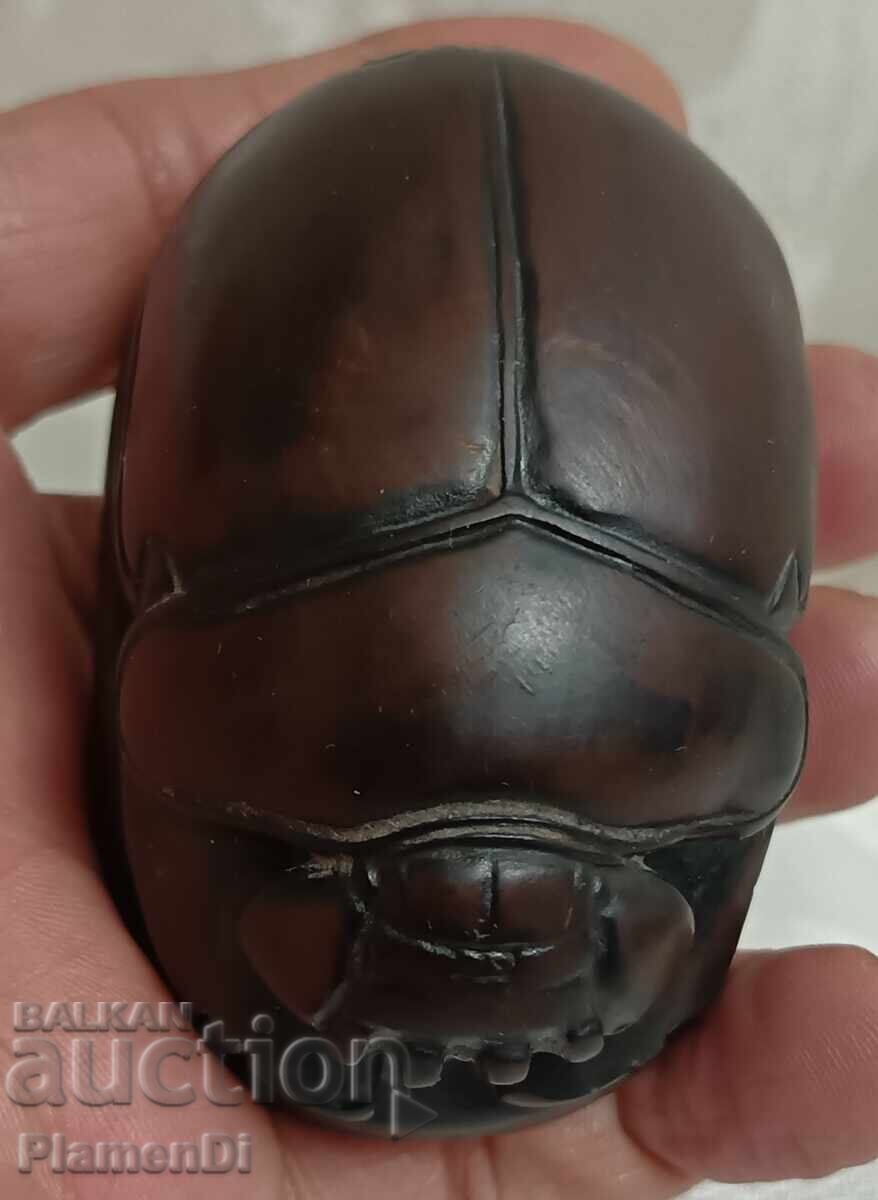 Vintage scarabeu egiptean din piatră de săpun (steatit) marmorată maro - 7