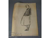 Desen de maestru din 1959, portret femeie din sat, alb-negru