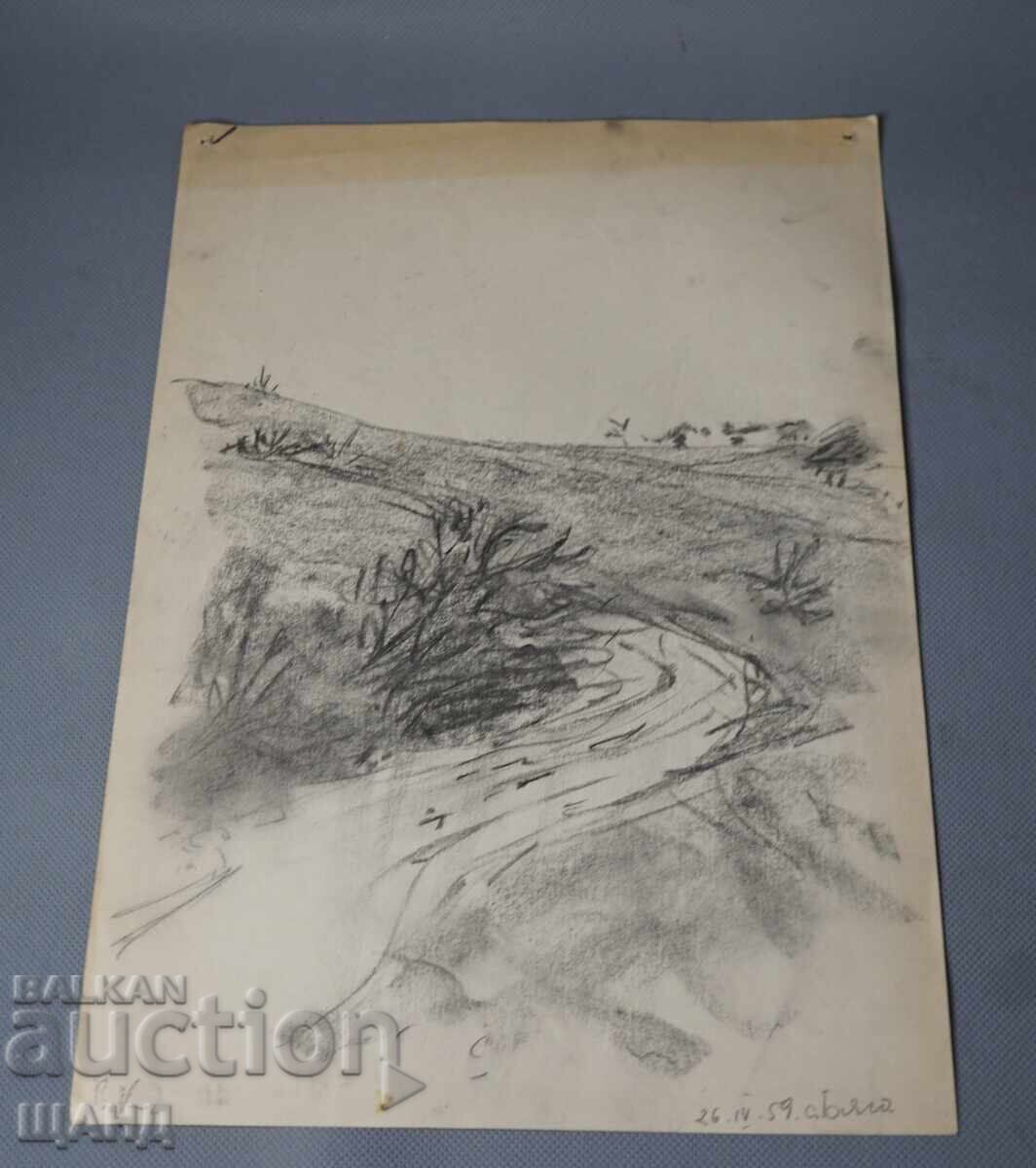 Desen artistic de maestru, peisaj rural, 1959. Alb