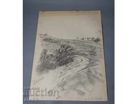 Desen artistic de maestru, peisaj rural, 1959. Alb