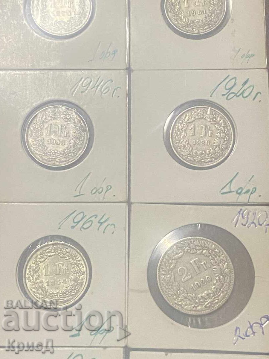 Lot of 8 Swiss silver Helvetia francs