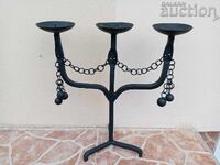 Старинен железен ръчно изработен свещник светилник тройка