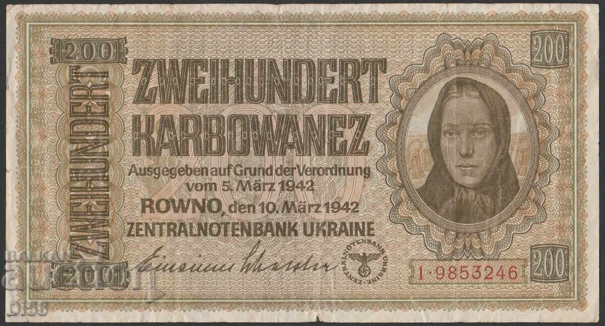 Bancnotă 200 Karbovanți Ucraina sub ocupație 1942 Svastică