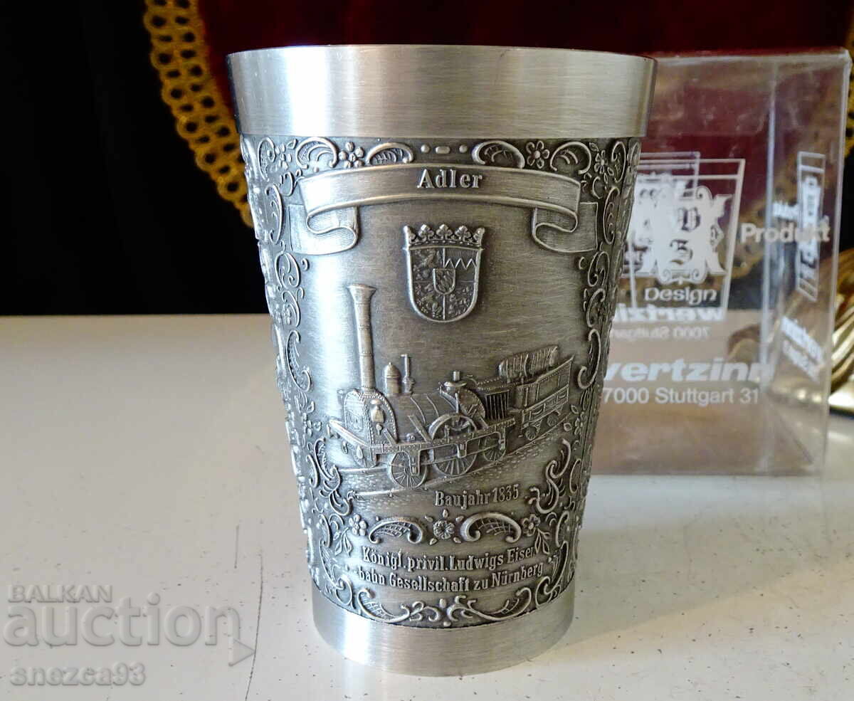 Tin cup with train, locomotive, box