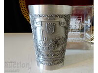 Tin cup with train, locomotive, box
