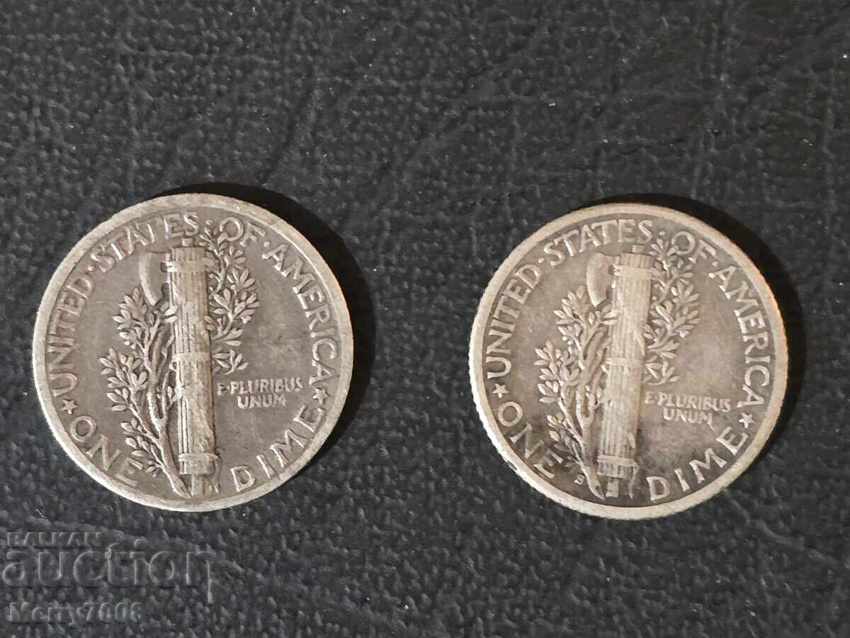 Two coins from the "Mercury Dime" series for sale !!! with price € 30.00 | 58.68 BGN
