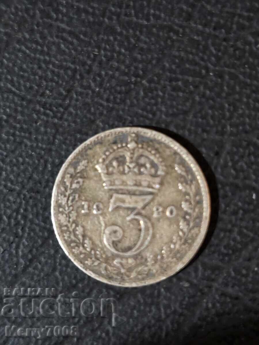 Monedă de argint din 1920, cu valoarea nominală de 3 penny !!!