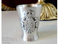 Pahar din cositor pentru țuică, vultur, cavaler, puști