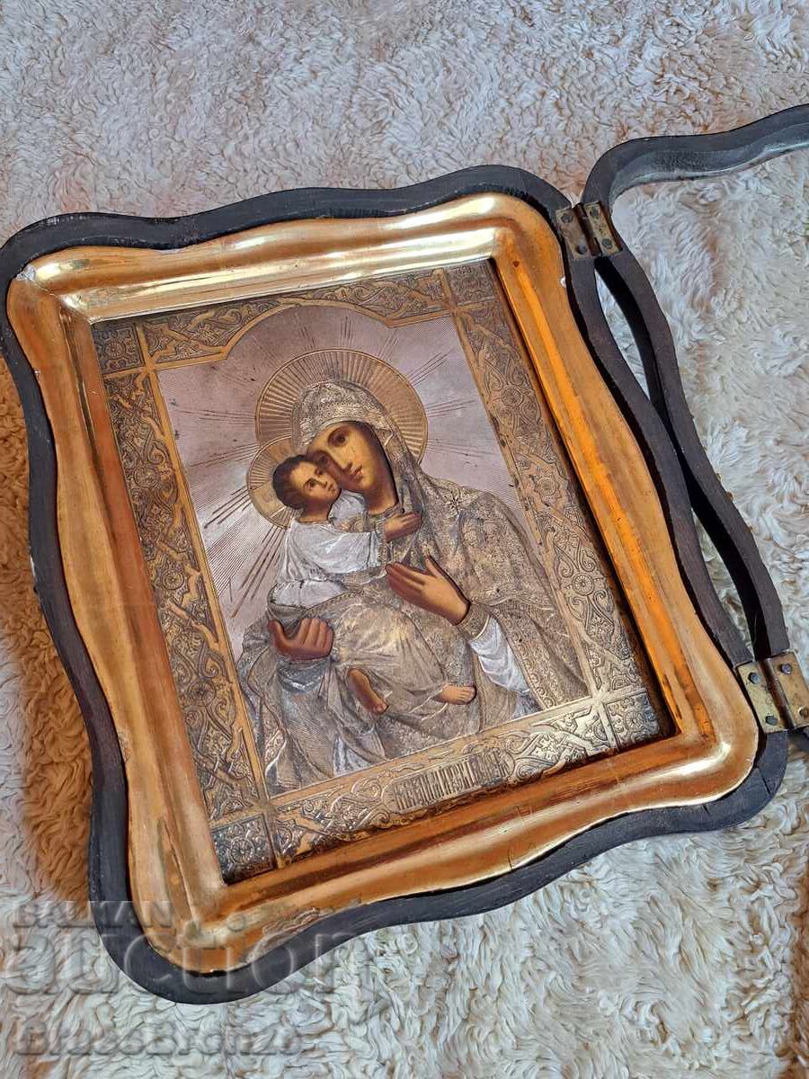 Icoană veche Maica Domnului din Vladimir în cutie de lemn
