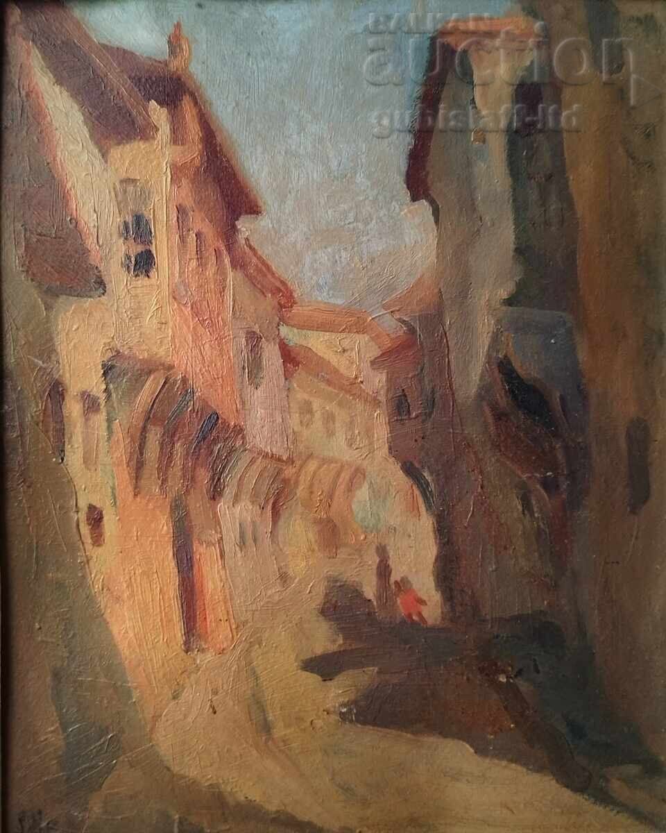 Pictură, peisaj, case vechi, anii 1950. cu preț € 350.00 | 684.54 BGN