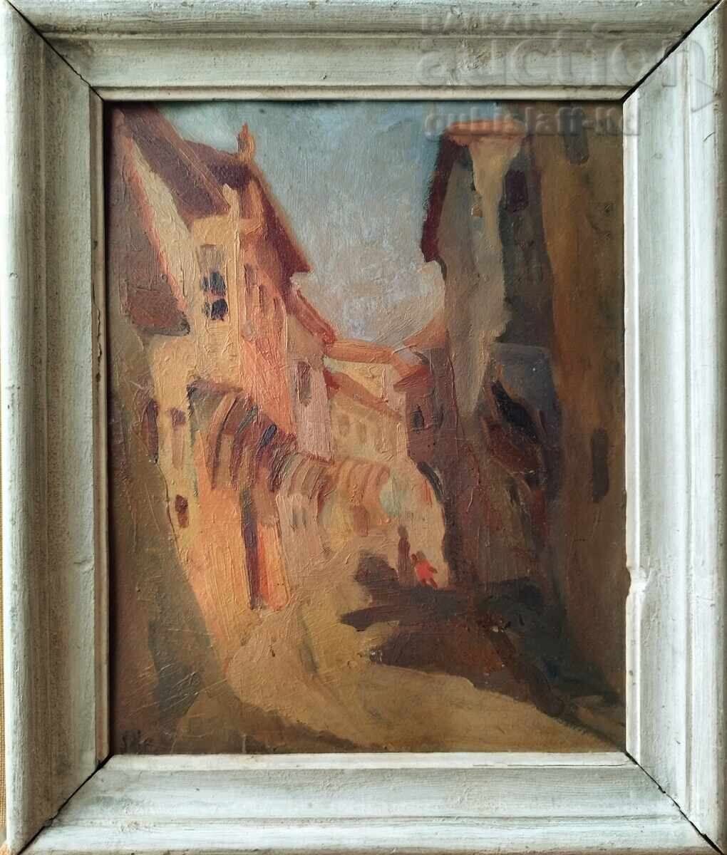Pictură, peisaj, case vechi, anii 1950.