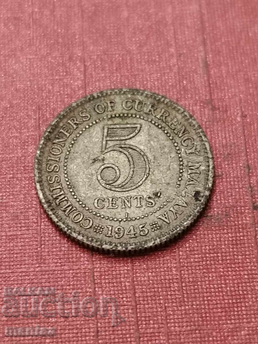 5 Straits Settlements 1945 Argint