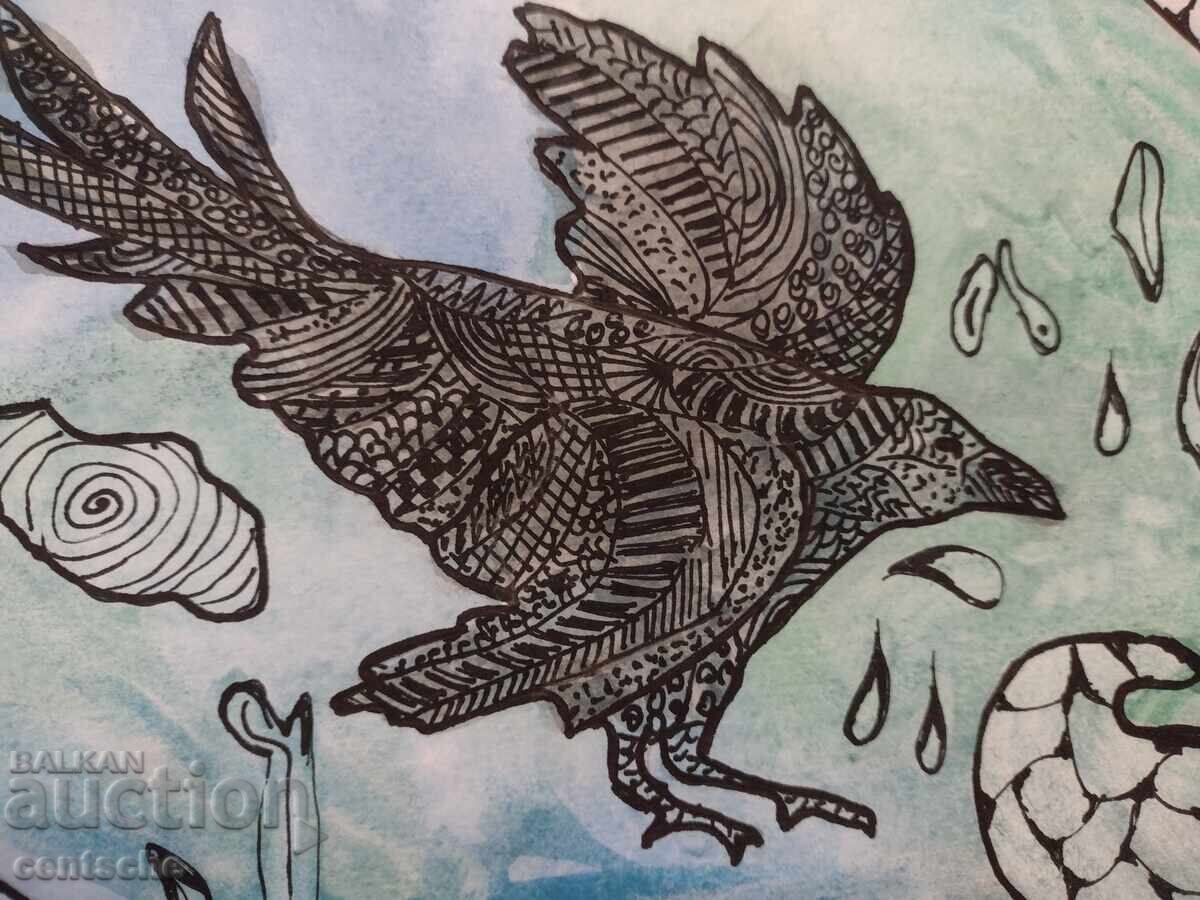 Πρωτότυπο σχέδιο με ακουαρέλα Κοράκι σε στυλ ζεντάνγκλ με τιμή € 5.00 | 9.78 BGN