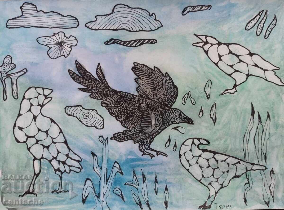 Original watercolor drawing Raven in zentangle style