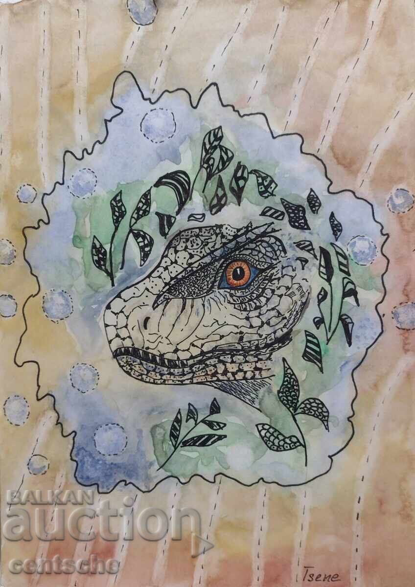 Σχέδιο κεφάλι δεινοσαύρου ζεντάνγκλ ακουαρέλα