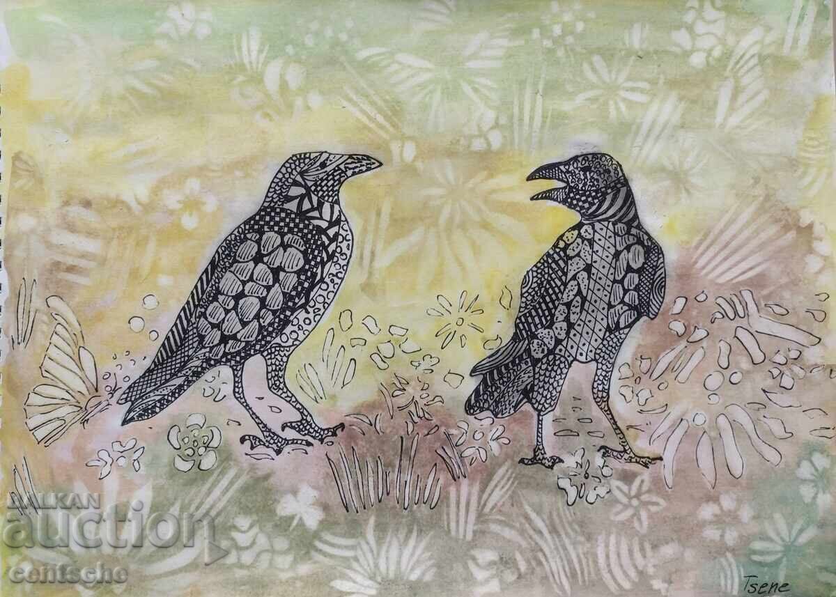 Σχέδιο Οικογένεια κορακιών ζεντάνγκλ ακουαρέλα