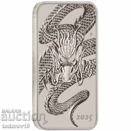 Monedă dreptunghiulară din argint 1 oz "Dragon" 2025