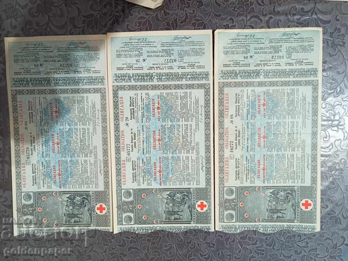 3 bucăți Obligațiuni Crucea Roșie 1912