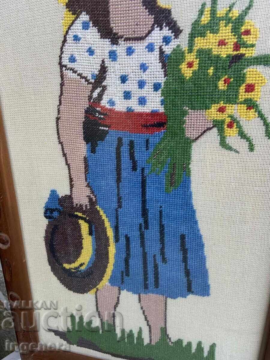 ГОБЛЕН ПОШИВАНО ПАНО ОТ РАННИЯТ СОЦ ДЪРВЕНА РАМКА СТЪКЛО - 6