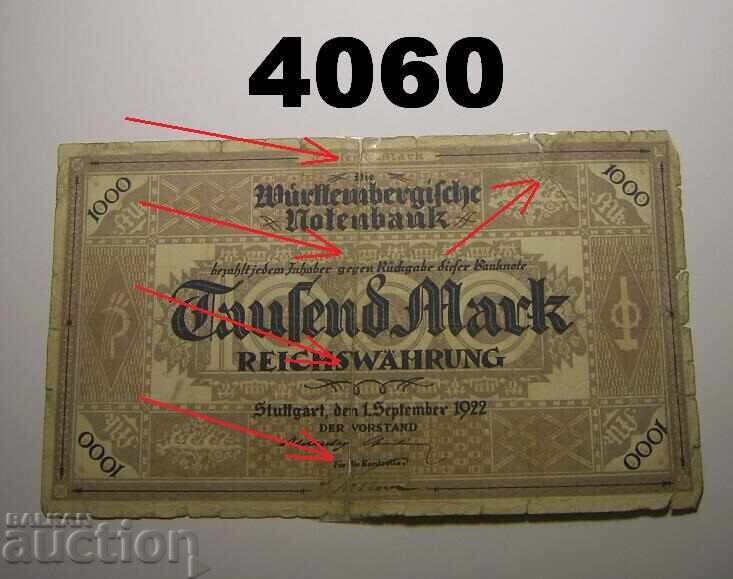 Γερμανία 1000 μάρκα 1922 Σημειώσεις Württembergische Notenbank