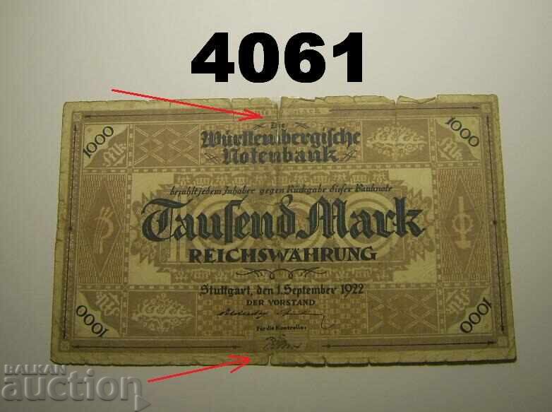 Γερμανία 1000 μάρκα 1922 Σημειώσεις Württembergische Notenbank