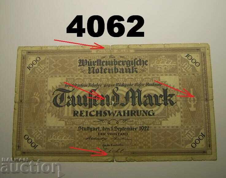 Γερμανία 1000 μάρκα 1922 Σημειώσεις Württembergische Notenbank