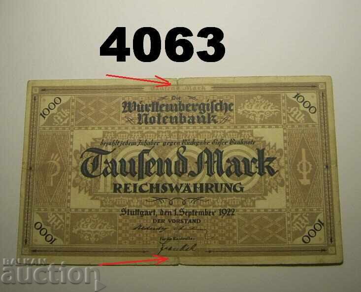 Γερμανία 1000 μάρκα 1922 Σημειώσεις Württembergische Notenbank