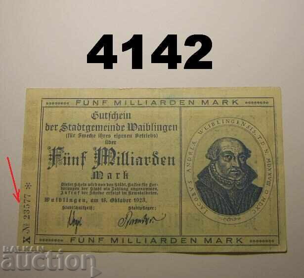 Waiblingen 5 δισεκατομμύρια μάρκα 1923 Γερμανία Waiblingen 5 δισεκατομμύρια μάρκα 1923 Γερμανία