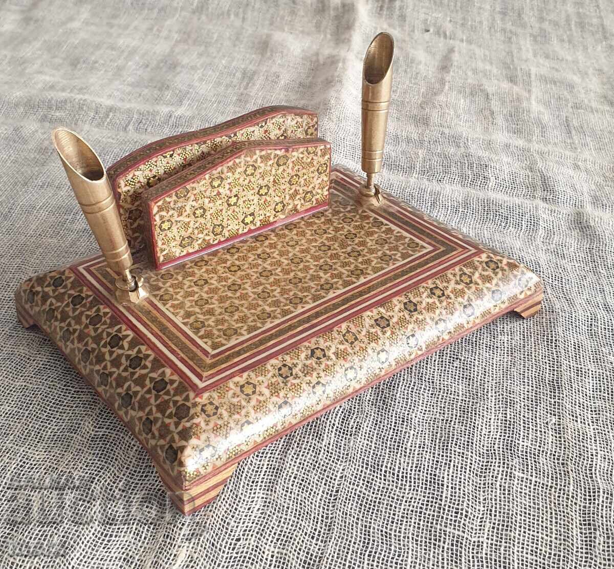 Set de birou din lemn exotic și alamă