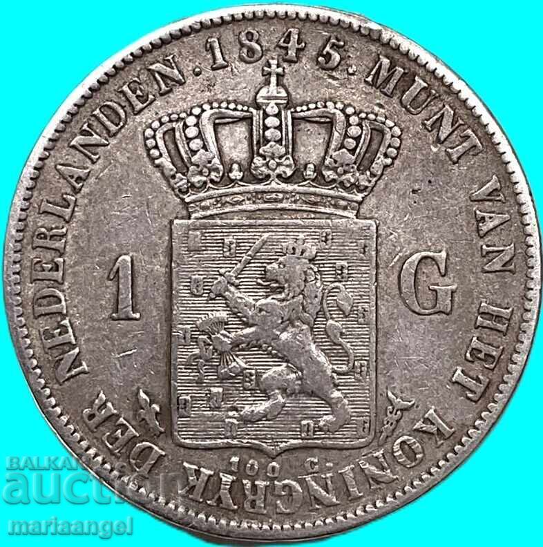 Livrarea Țările de Jos 1 Gulden 1845 Wilhelm II argint
