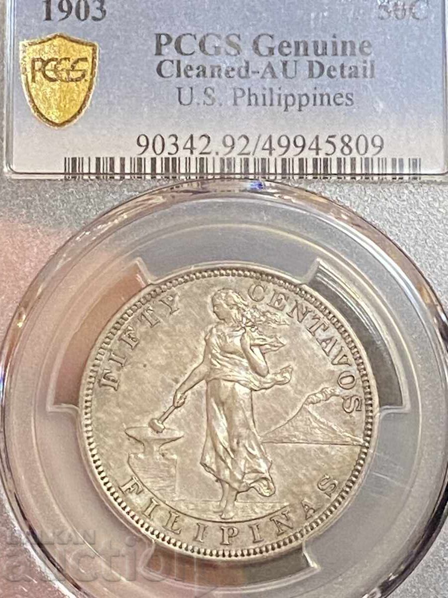 Filipine SUA 50 centavos 1903 argint PCGS AU