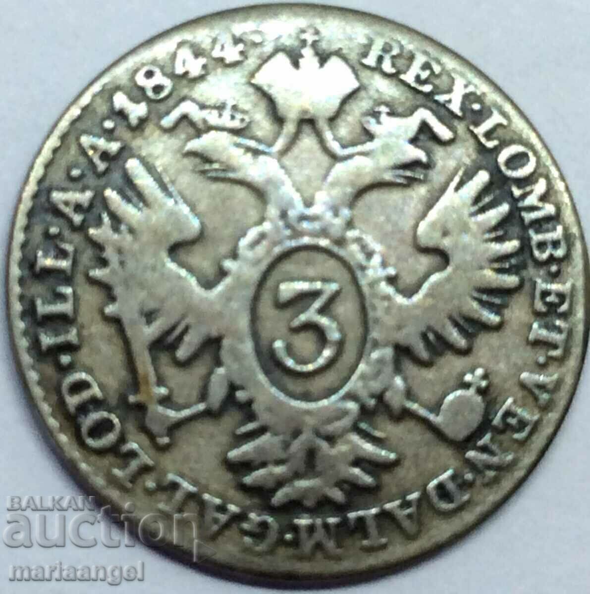 3 Kreuzers 1844 Austria A-Viena Ferdinand I - excl. rar cu preț € 26.00 | 50.85 BGN