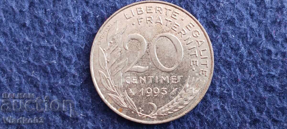 Franța 20 centime 1993 cu luciu de batere păstrat