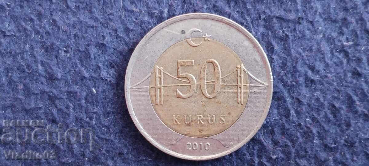 Turcia 50 kuruș 2010 cu podul peste Bosfor