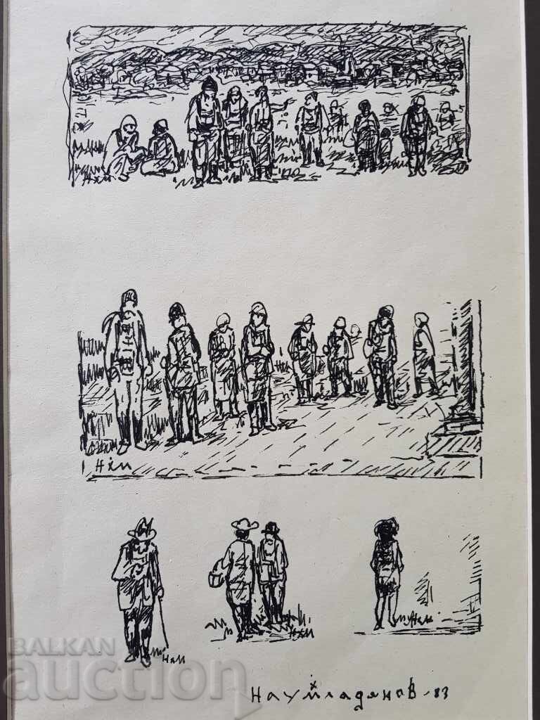 Аукцион НАУМ ХАДЖИМЛАДЕНОВ 1894 - 1985 рисунка Композиция 3 фигури