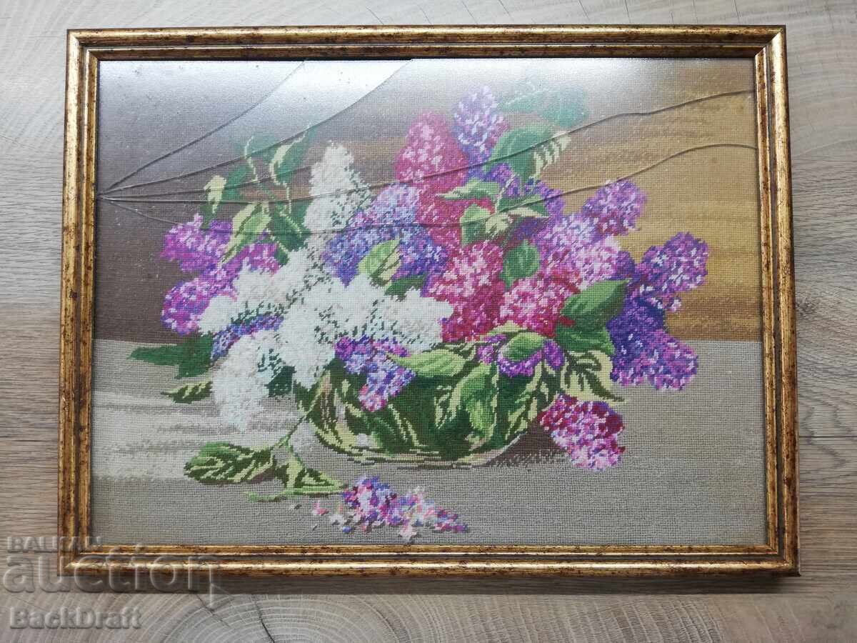 Hand-stitched tapestry Vase with lilacs in a frame
