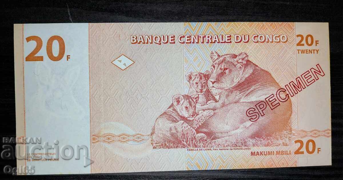 UNC SPECIMEN. Bancnotă din Congo 20 Franci 1997 cu preț € 49.00 | 95.84 BGN