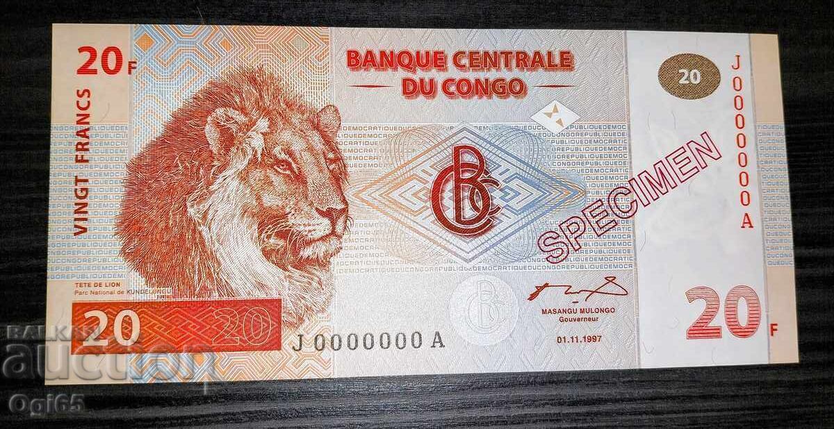 UNC SPECIMEN. Bancnotă din Congo 20 Franci 1997