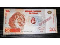 UNC SPECIMEN. Bancnotă din Congo 20 Franci 1997
