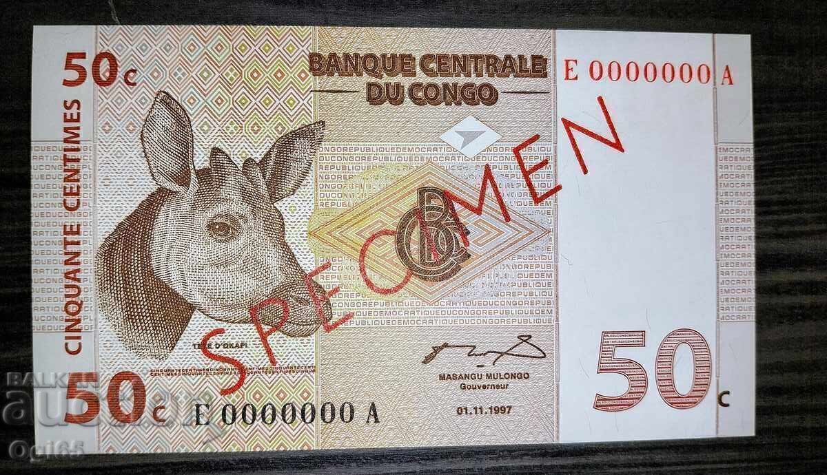 UNC SPECIMEN Bancnotă din Congo 50 Centimes anul 1997 cu preț € 50.00 | 97.79 BGN UNC SPECIMEN Bancnotă din Congo 50 Centimes anul 1997 cu preț € 50.00 | 97.79 BGN